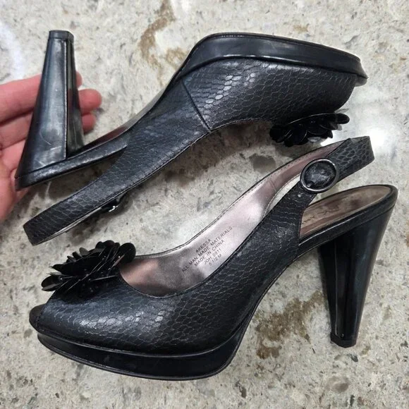 AK Anne Klein Black Slingback Heels Peep Toe Floral Platform Pumps - Picture 4 of 12